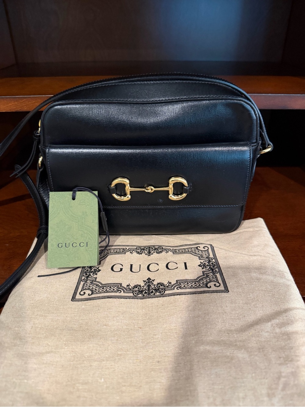 Gucci Black Leather Shoulder Bag with Gold Horsebit